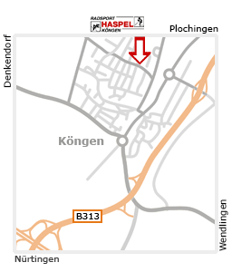 Anfahrt Radsport Haspel - 73257 Köngen, 73240 Wendlingen, 73279 Wernau, 73207 Plochingen, 73230 Kirchheim/Teck, 73770 Denkendorf, 72622 Nürtingen